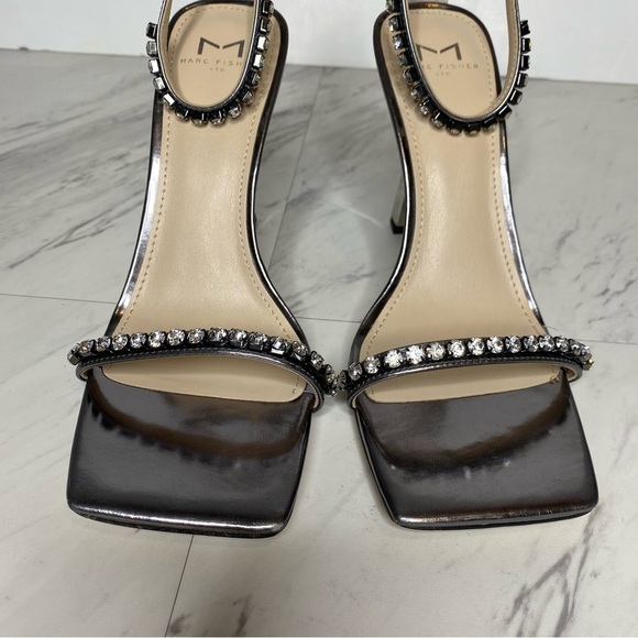 Marc Fisher Karima Square Toe Rhinestone Pewter Heeled Sandal 7 1/2 M - Picture 10 of 14